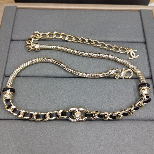 18K  Chanel Black Leather Gold Chain Necklace